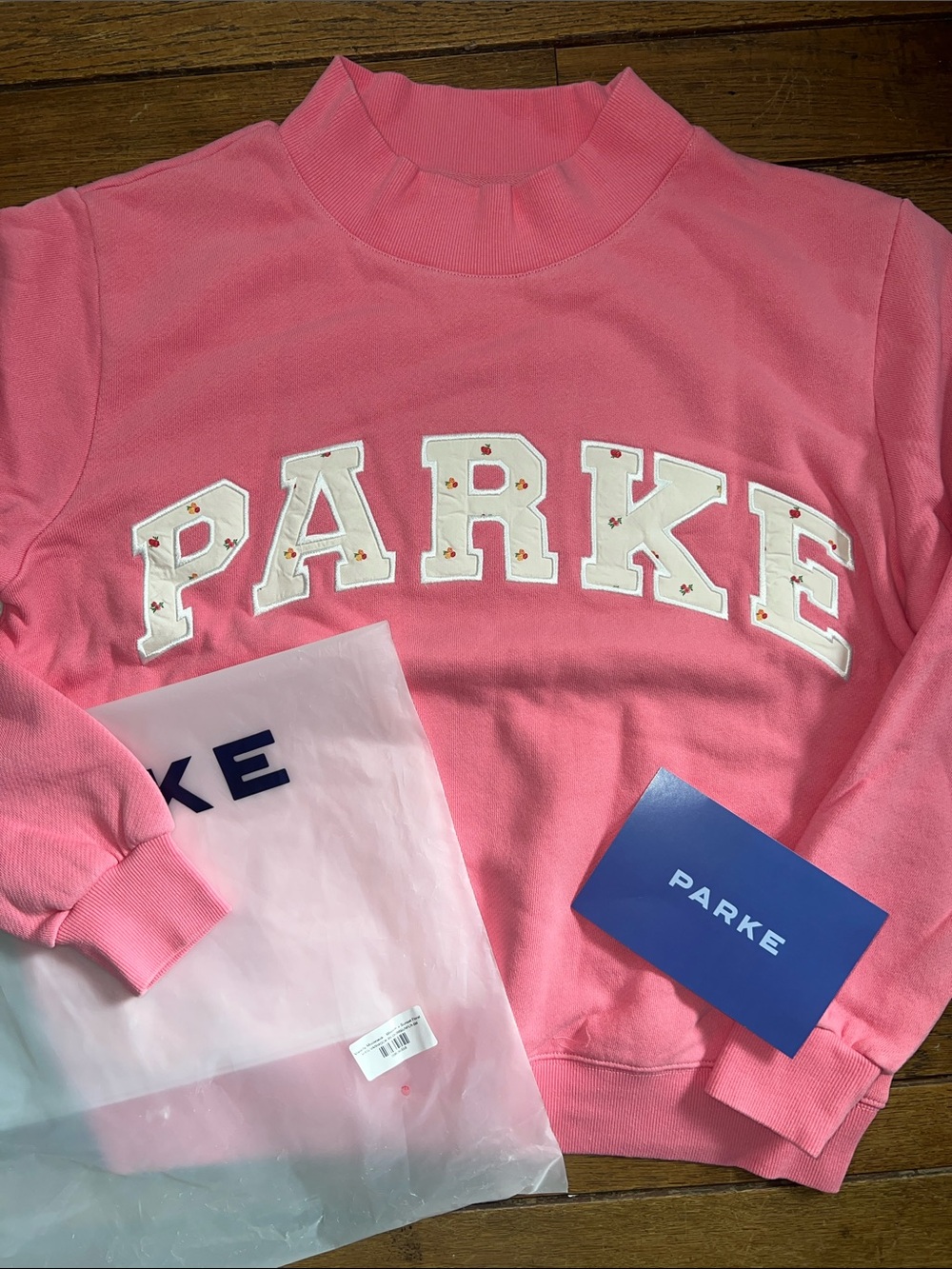PARKE Bloom Pink Varsity Heritage Mockneck Sweatshirt Size S/M New In Bag NWT - Picture 6 of 11